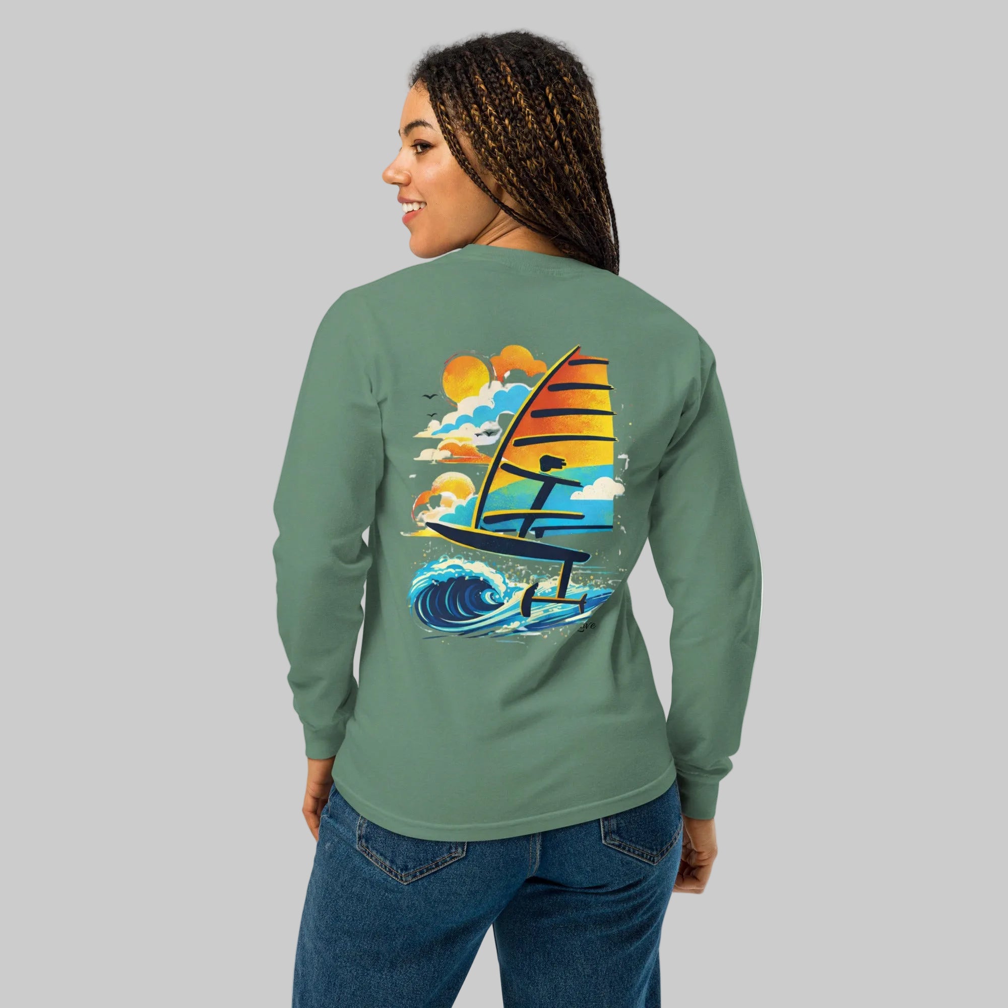 Windsurf Foiling Sunset Classic Unisex Long-Sleeve Graphic T-Shirt-perfect windsurfing, wing foiling, windsurf foil themed graphic t-shirt-custom Reef Love Design