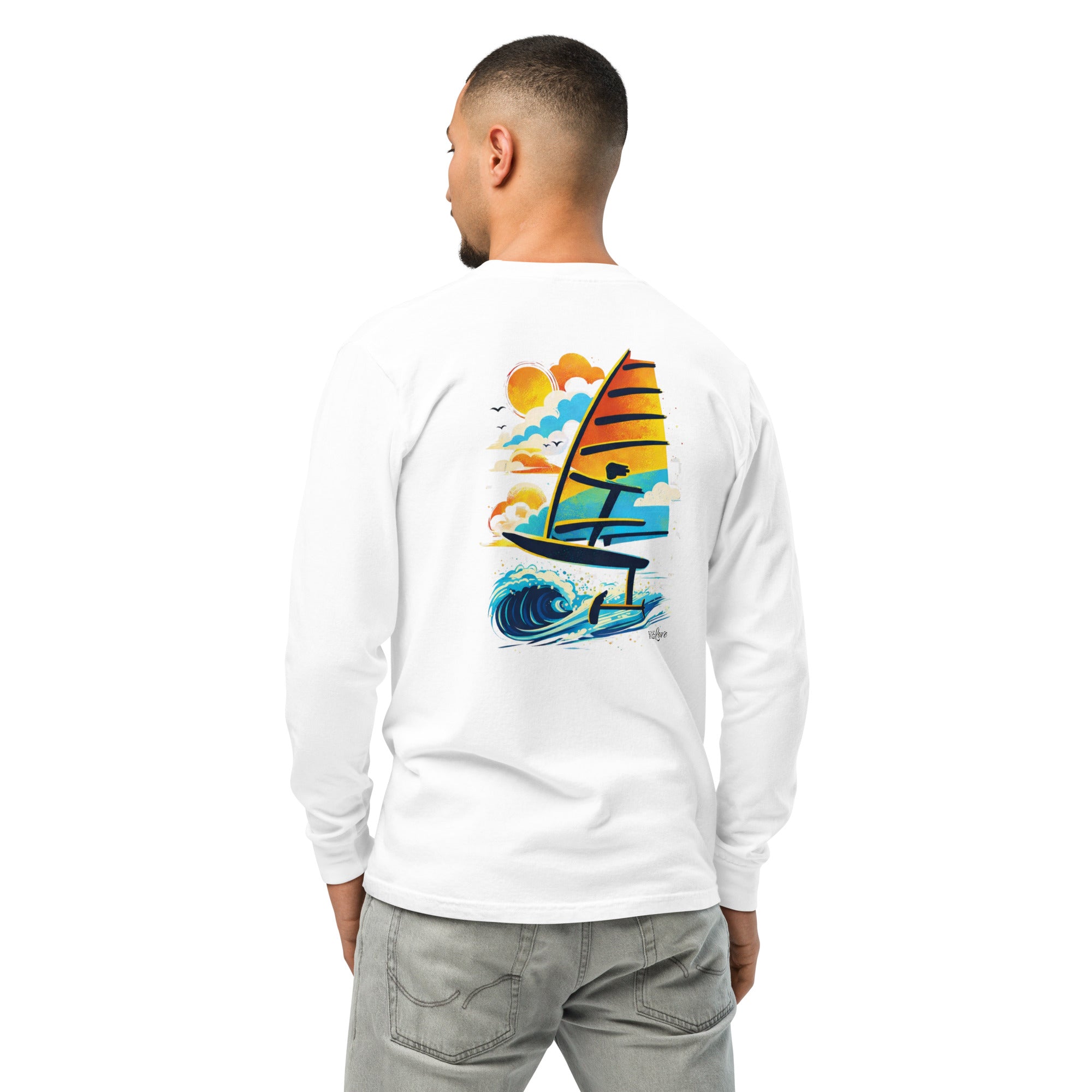 Windsurf Foiling Sunset Classic Unisex Long-Sleeve Graphic T-Shirt-perfect windsurfing, wing foiling, windsurf foil themed graphic t-shirt-custom Reef Love Design