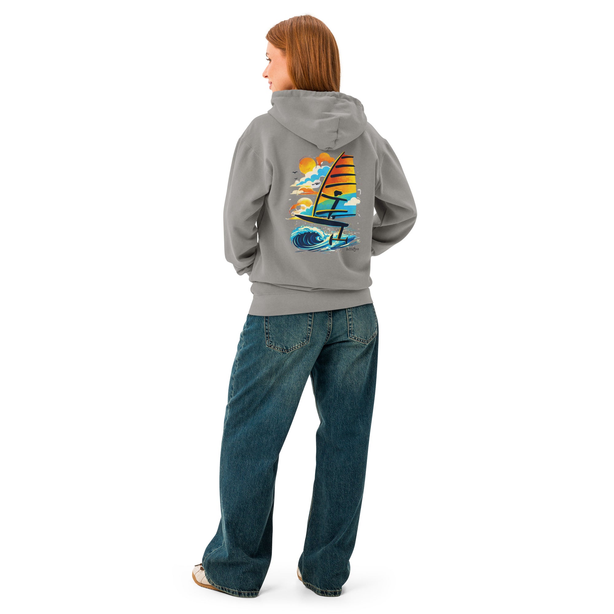 Windsurf Foil Classic Sunset Graphic Unisex Hoodie-perfect windsurfing, wing foiling, windsurf foil themed graphic t-shirt-custom Reef Love Design
