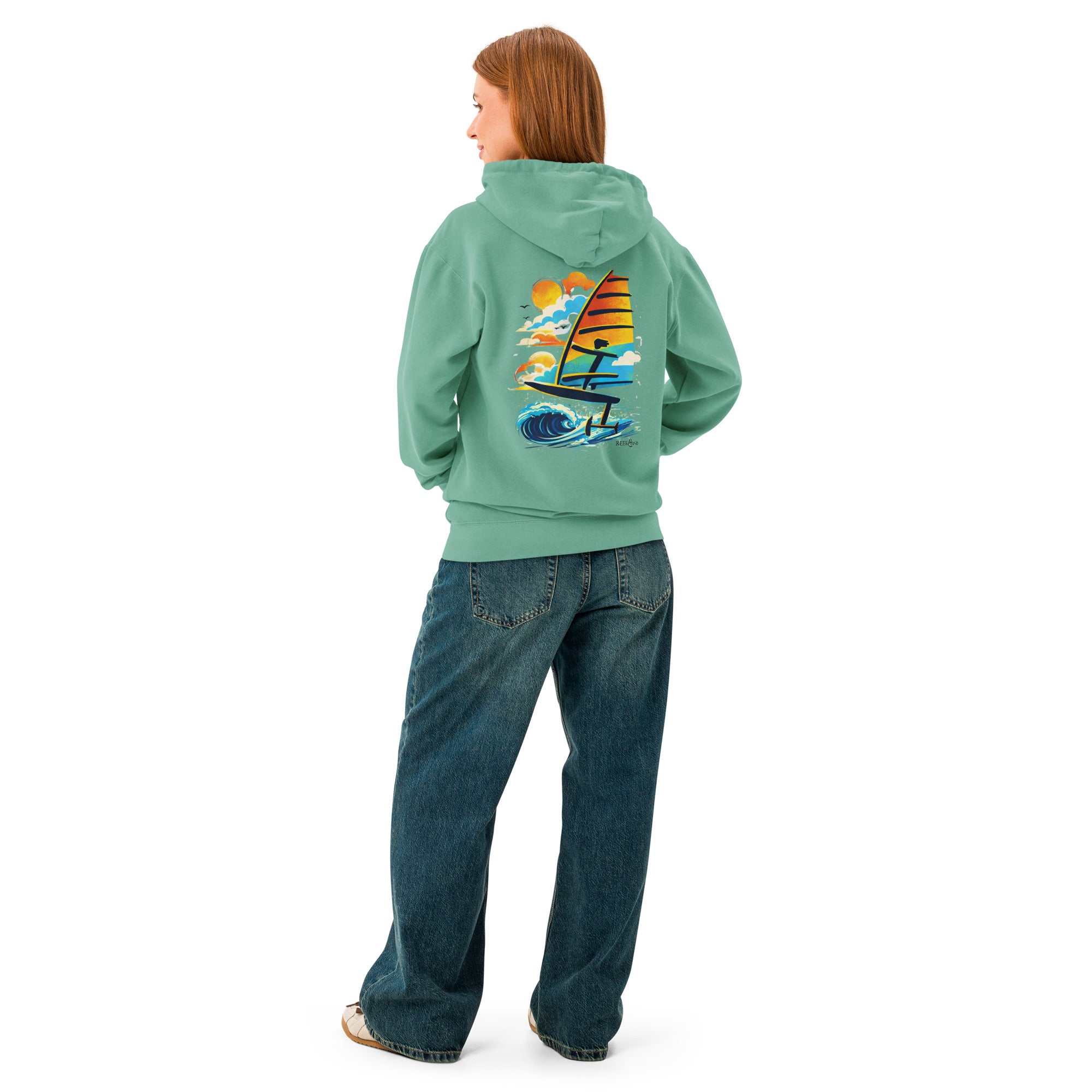 Windsurf Foil Classic Sunset Graphic Unisex Hoodie-perfect windsurfing, wing foiling, windsurf foil themed graphic t-shirt-custom Reef Love Design