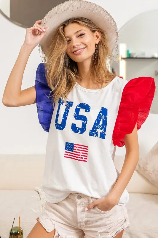 USA Theme Color Block Organza Ruffle Sleeve Top-T-Shirt-Reef Love