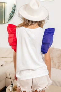 USA Theme Color Block Organza Ruffle Sleeve Top-T-Shirt-Reef Love