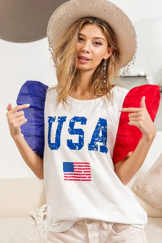 USA Theme Color Block Organza Ruffle Sleeve Top-T-Shirt-Reef Love