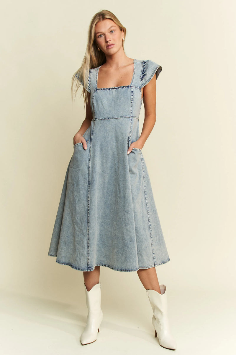 Vintage Ruffled Denim Midi Dress-Denim Midi Dress-Reef Love