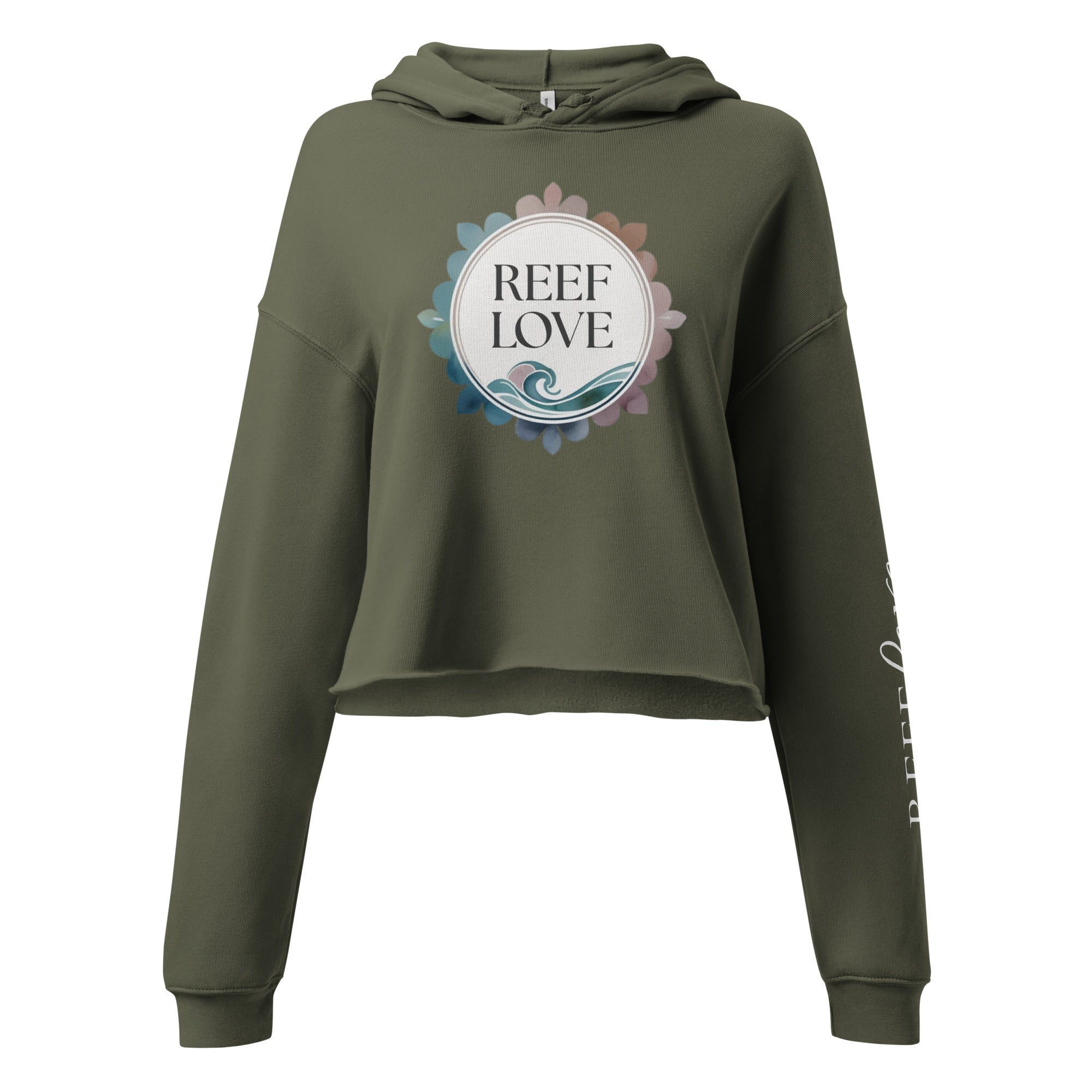 Green hoodie with 'Reef Love' logo on a white background