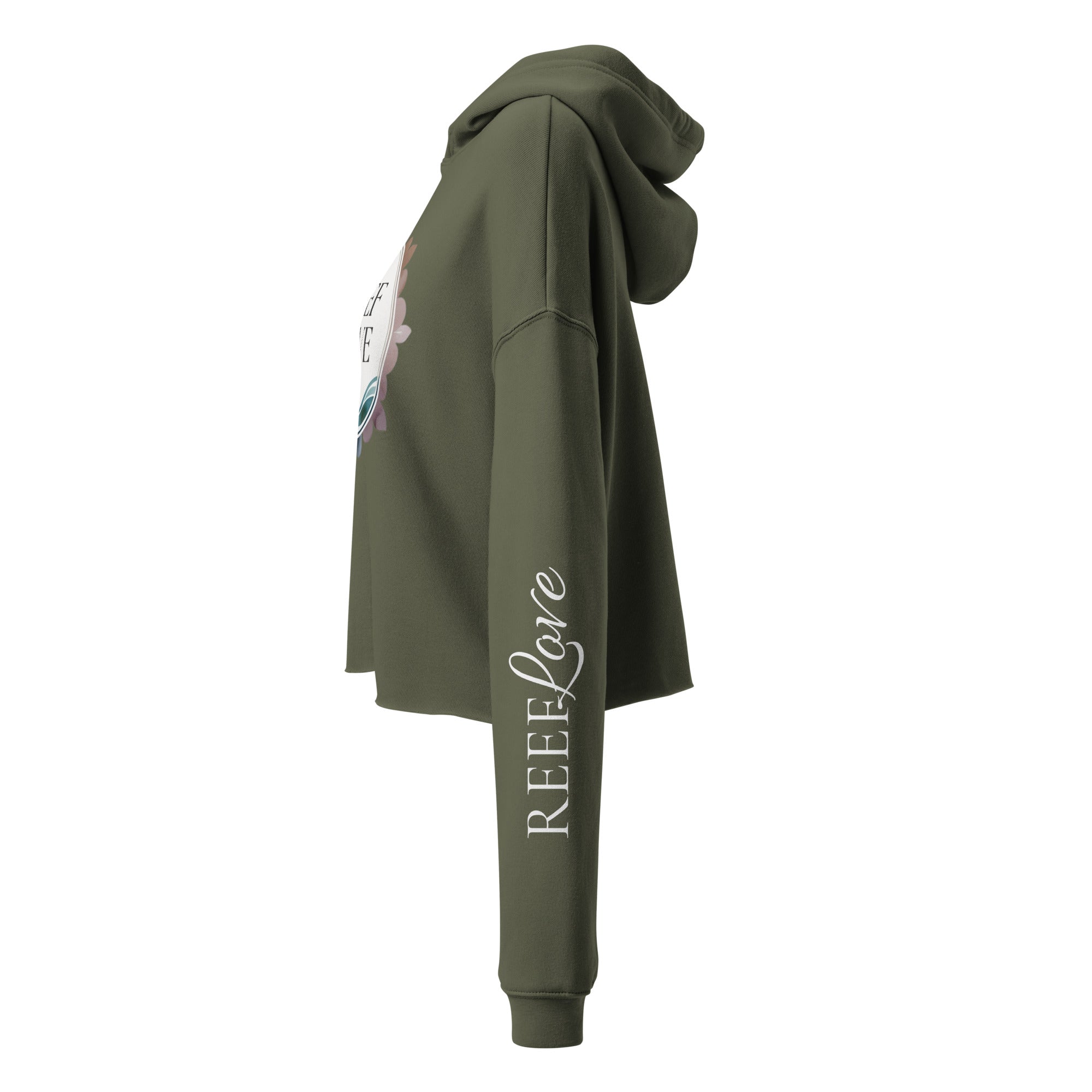 Green hoodie with 'REEF Love' text on a white background