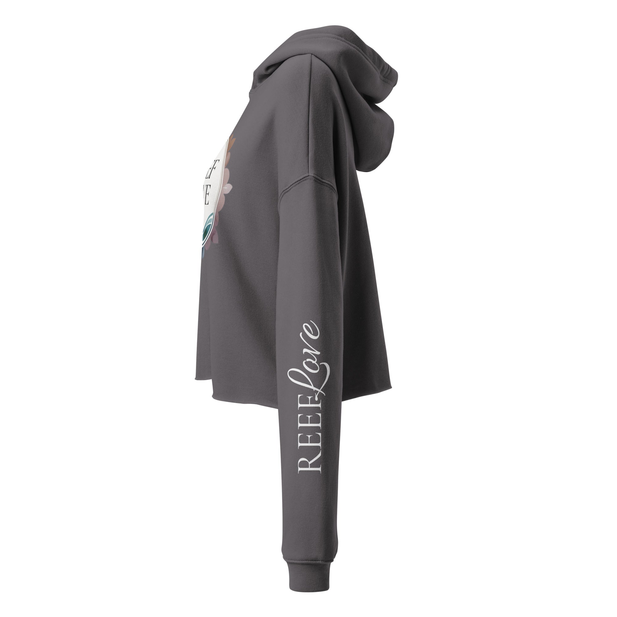 Gray hoodie with 'REEF Love' text on a white background